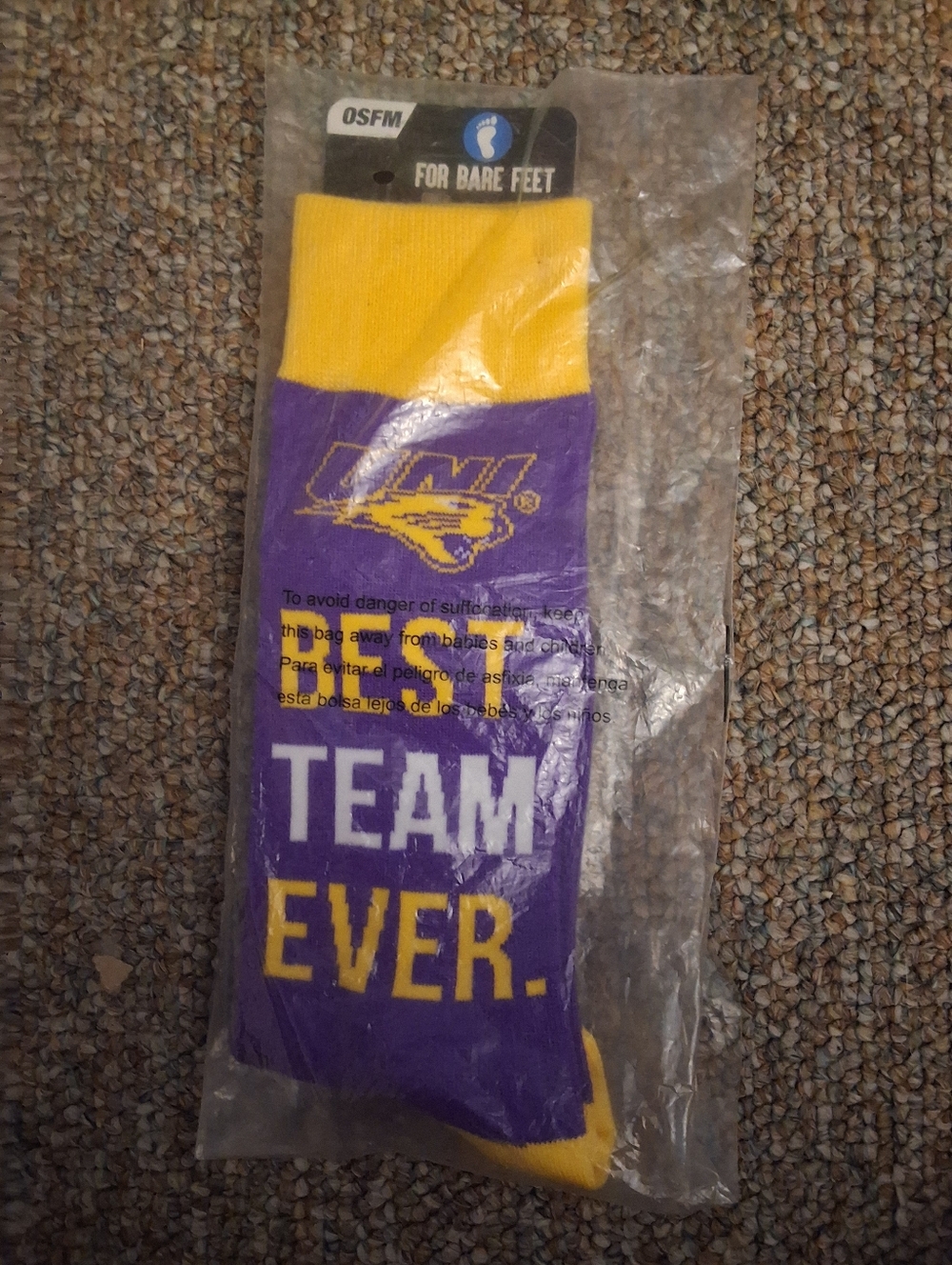 NWT For Bare Feet UNI Northern Iowa Panthers Crew Socks OSFM Purple Yellow
